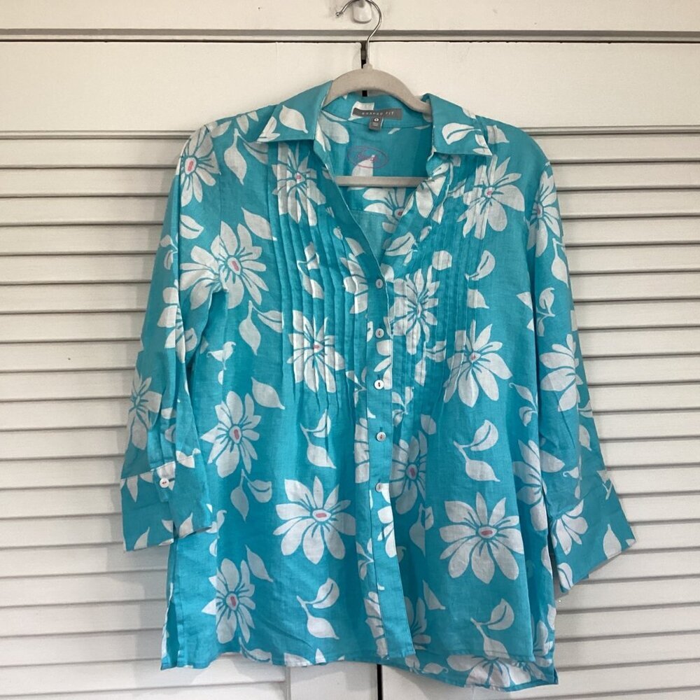 Foxcroft Womens Shaped Fit 100% Linen Floral Button-Down Shirt Size 4